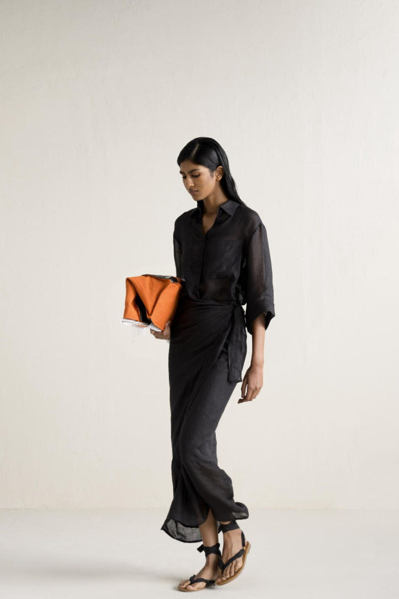 BINDU WRAP SET linen by Ituvana in black color for women Worldwide