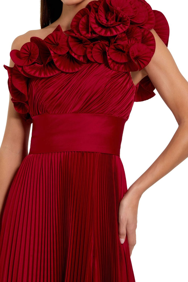 49902-Pleated Charmeuse One Shoulder Ruffle Gown by Mac Duggal in red color for women Worldwide