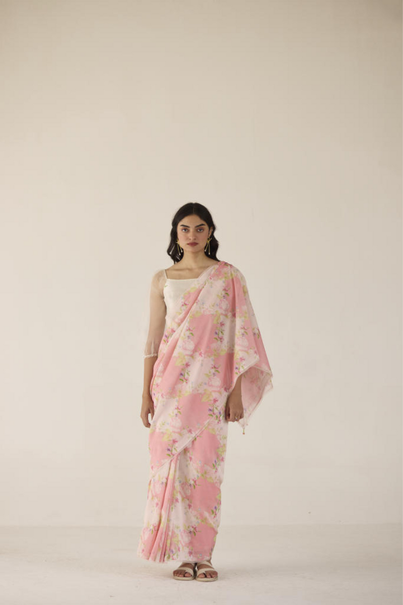 Rose Garden Silk and Cotton Chanderi Sari-Pink silk by Nadiya Paar in pink color for women Worldwide