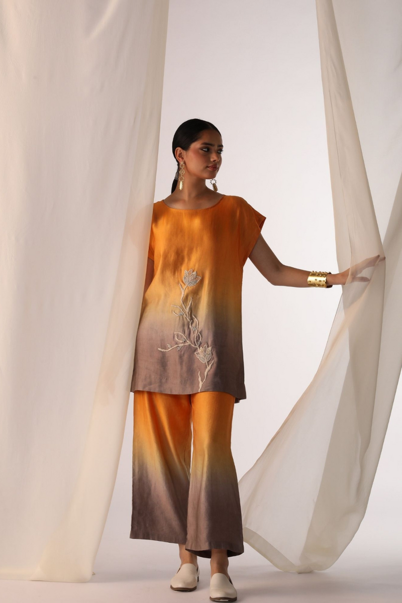 Linen satin ombre co-ord set with floral handwork satin by Myoho in orange color for women Worldwide