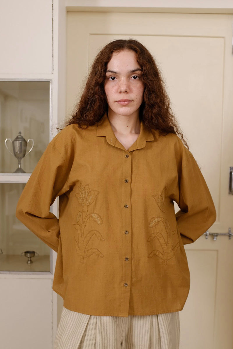 Auburn Top handwoven cotton top/shirt by MASON AND MILL in mustard yellow for women Worldwide