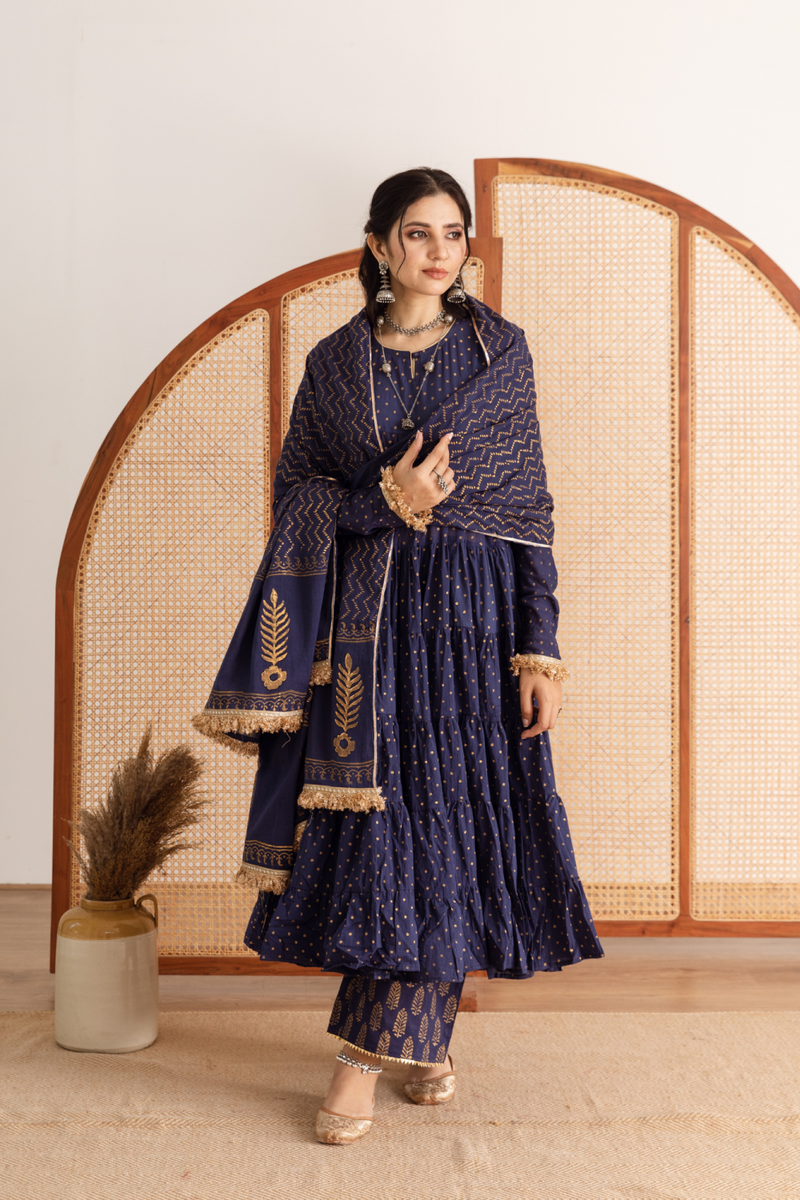 Neela Kurta Set - blue hand printed cotton kalidar suit set cotton by Maison Shefali in blue color for women Worldwide