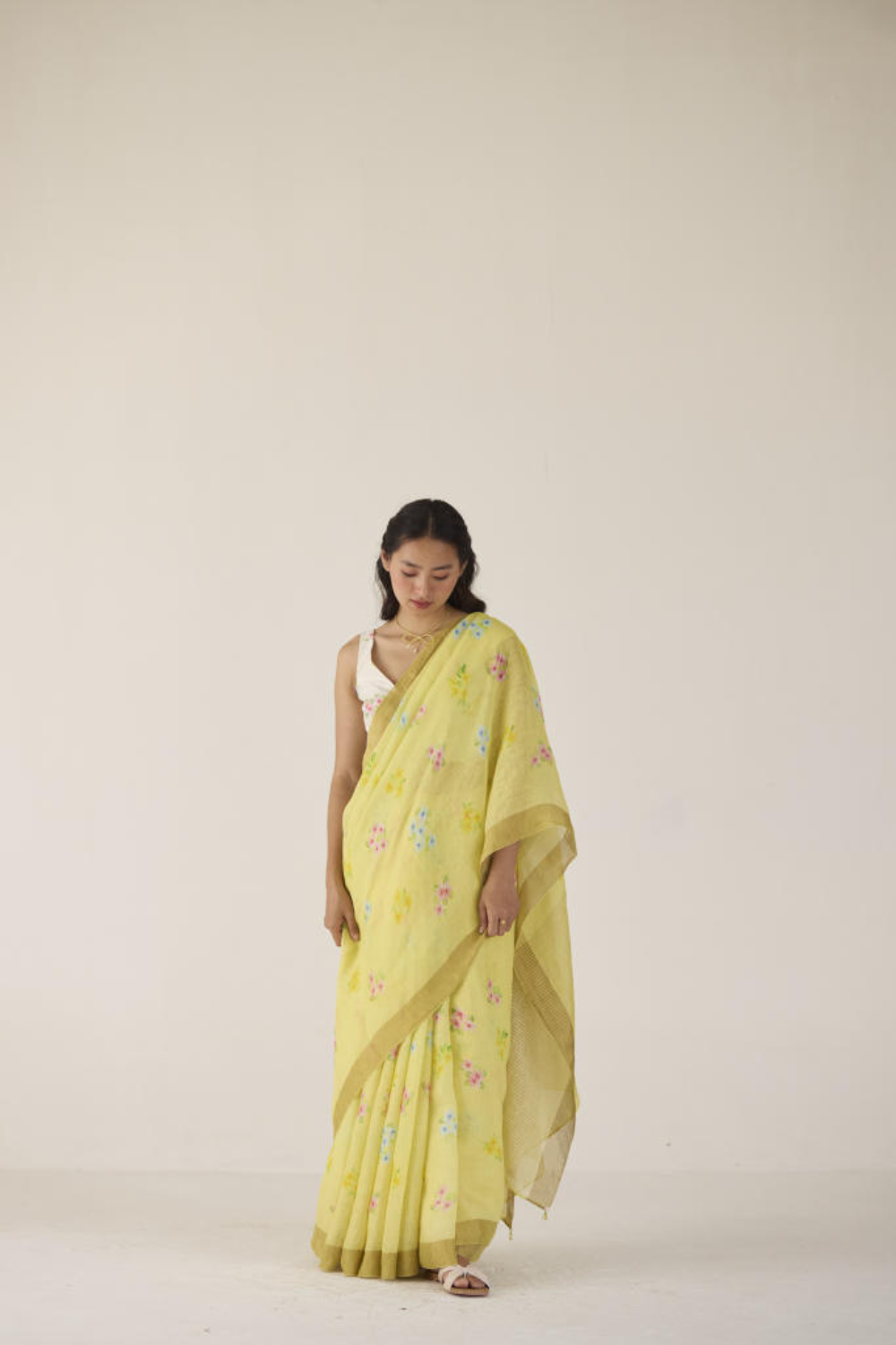 Periwinkle Linen Yellow Sari