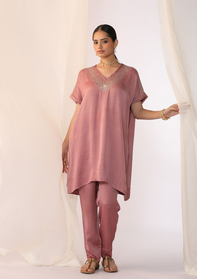 Linen satin co-ord set with knot handwork embroidery satin by Myoho in pink color for women Worldwide