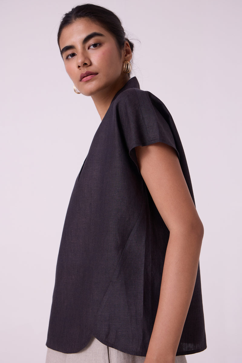 Orion Charcoal Linen Top linen top/shirt by The Summer House in black for women Worldwide