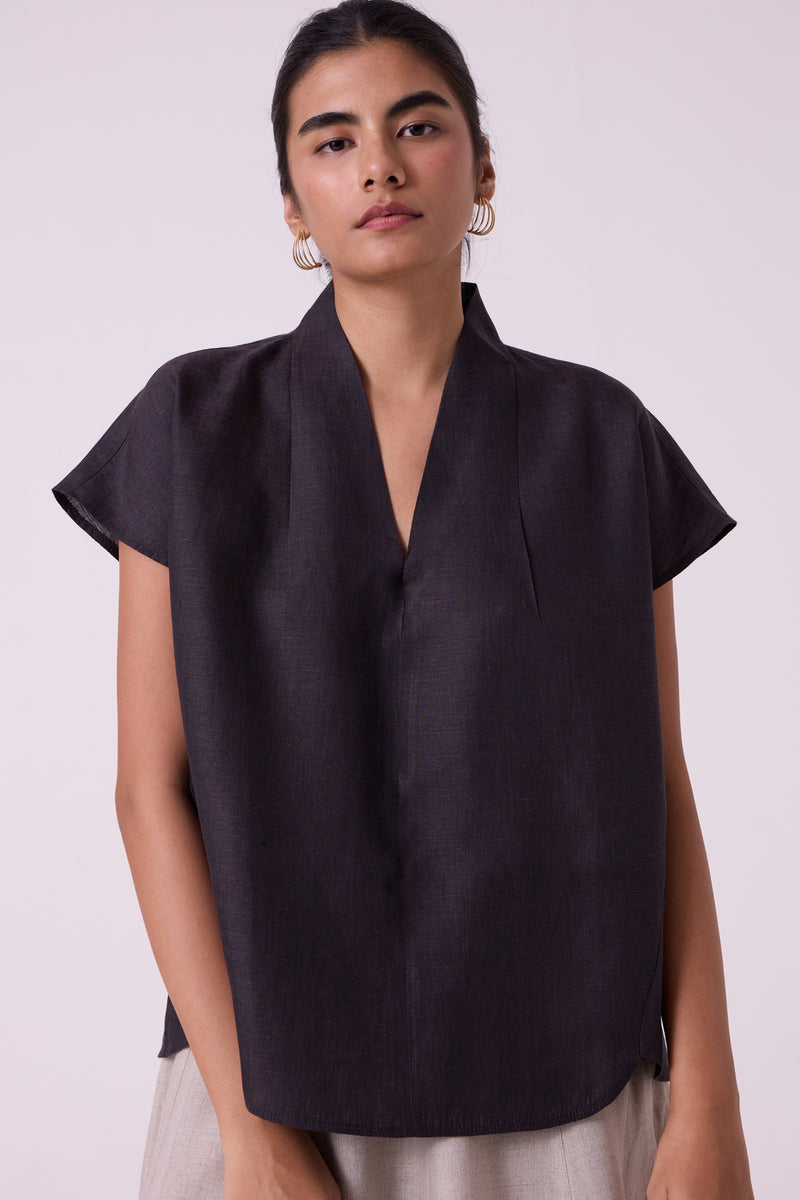 Orion Charcoal Linen Top linen top/shirt by The Summer House in black for women Worldwide