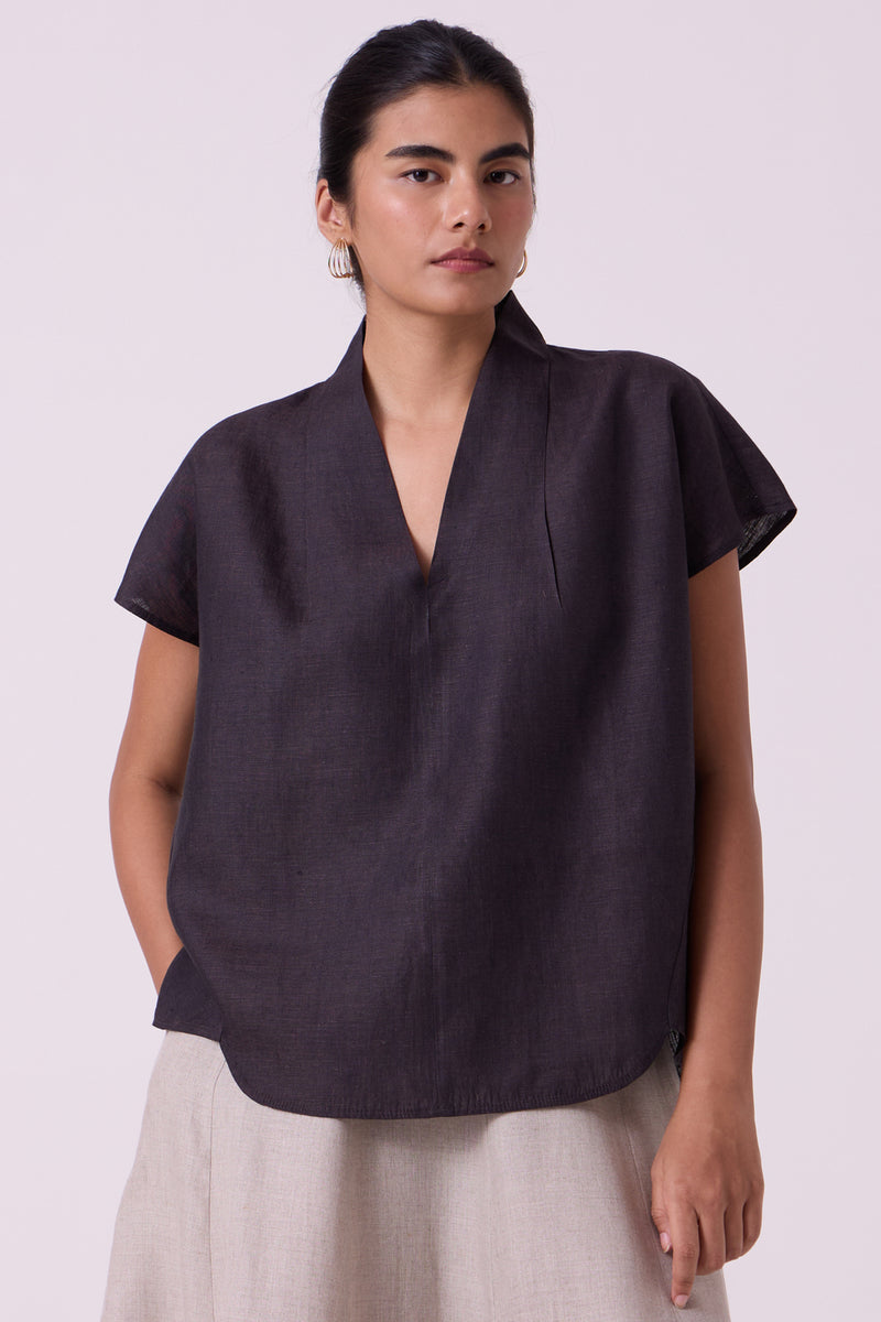 Orion Charcoal Linen Top linen top/shirt by The Summer House in black for women Worldwide