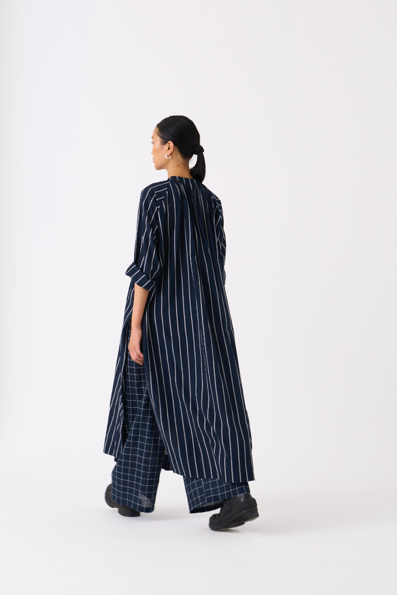 GATHER NECK SHIRT-BLACK STRIPE mul by THREE in black color for women Worldwide