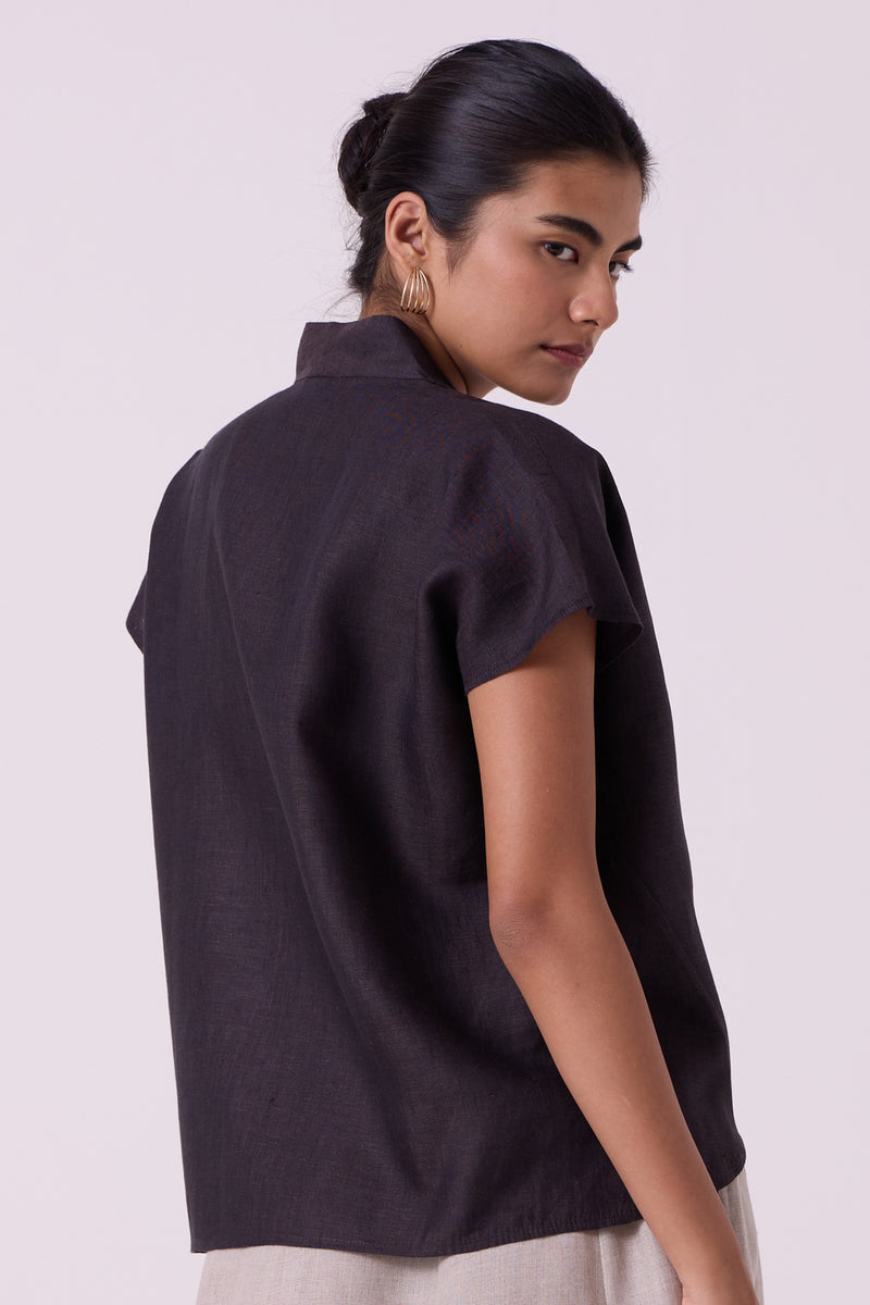 Orion Charcoal Linen Top linen top/shirt by The Summer House in black for women Worldwide