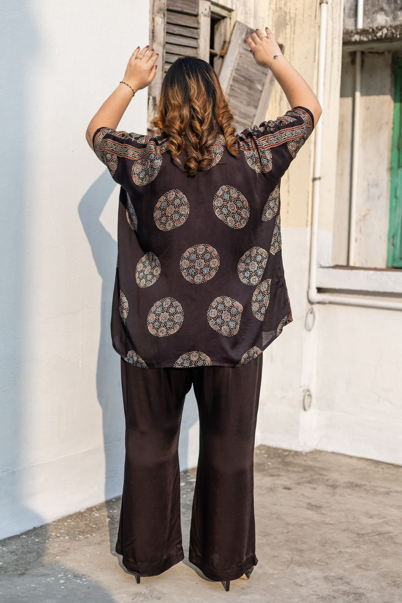 Derby Black Antifit Shirt with Pants satin by PRAHNAAYA in black color for women Worldwide