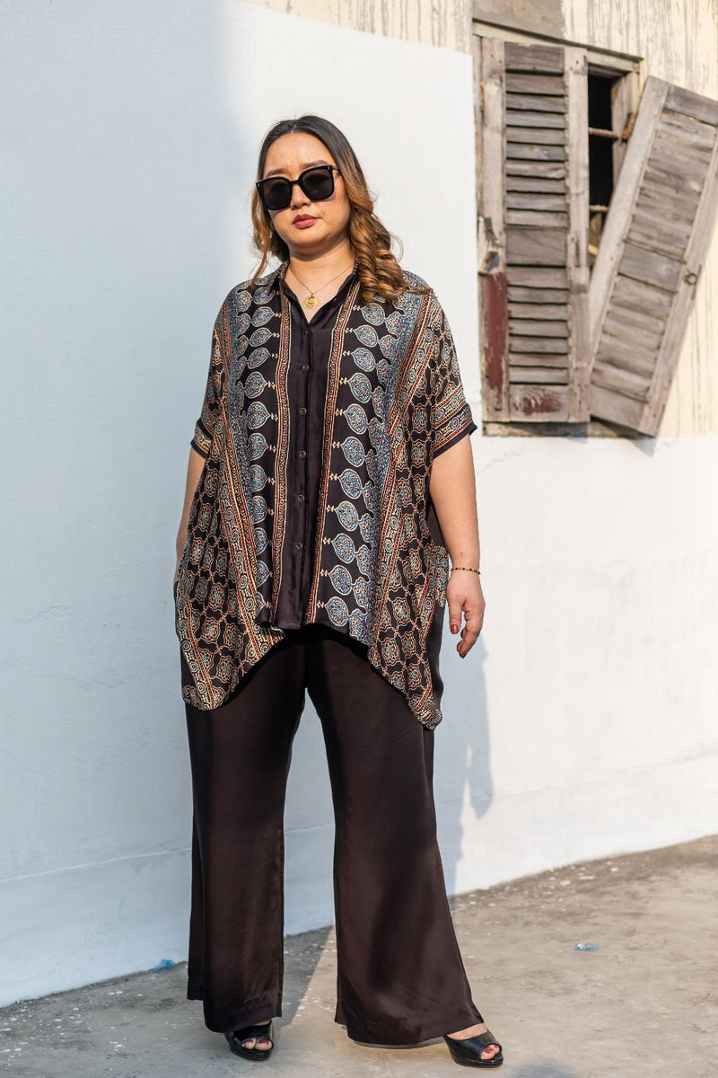 Derby Black Antifit Shirt with Pants satin by PRAHNAAYA in black color for women Worldwide