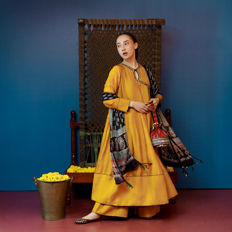 Baithak Mustard Flair Kali Kurta Set silk by PRAHNAAYA in yellow color for women Worldwide