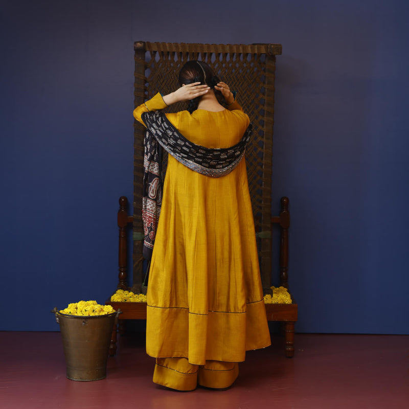 Baithak Mustard Flair Kali Kurta Set silk by PRAHNAAYA in yellow color for women Worldwide
