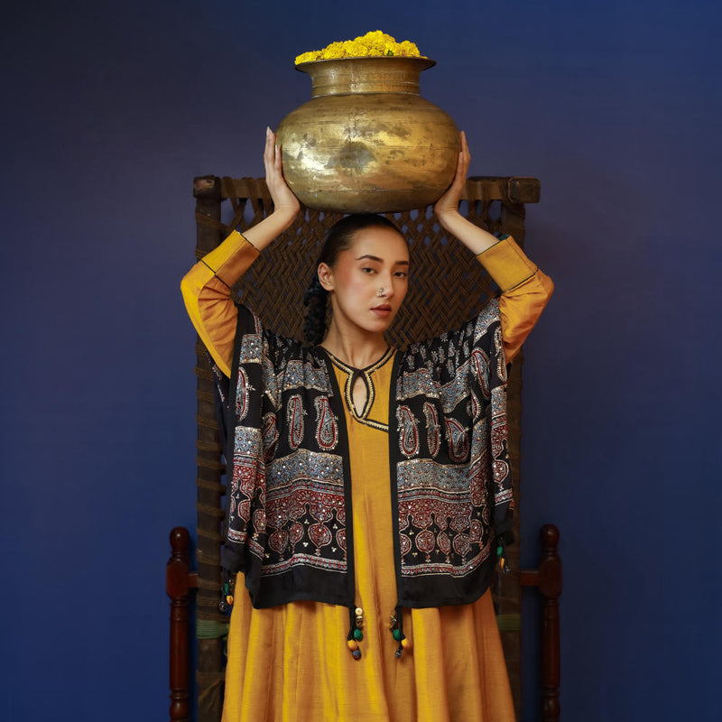 Baithak Mustard Flair Kali Kurta Set silk by PRAHNAAYA in yellow color for women Worldwide