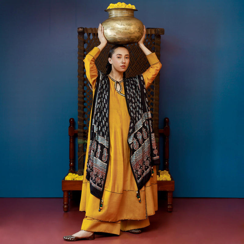 Baithak Mustard Flair Kali Kurta Set silk by PRAHNAAYA in yellow color for women Worldwide
