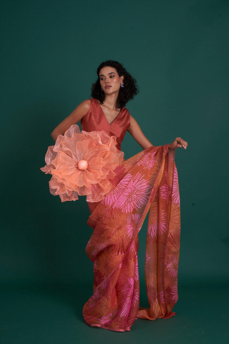 Himawari silk organza saree - Peach organza by Priti Prashant in peach color for women Worldwide