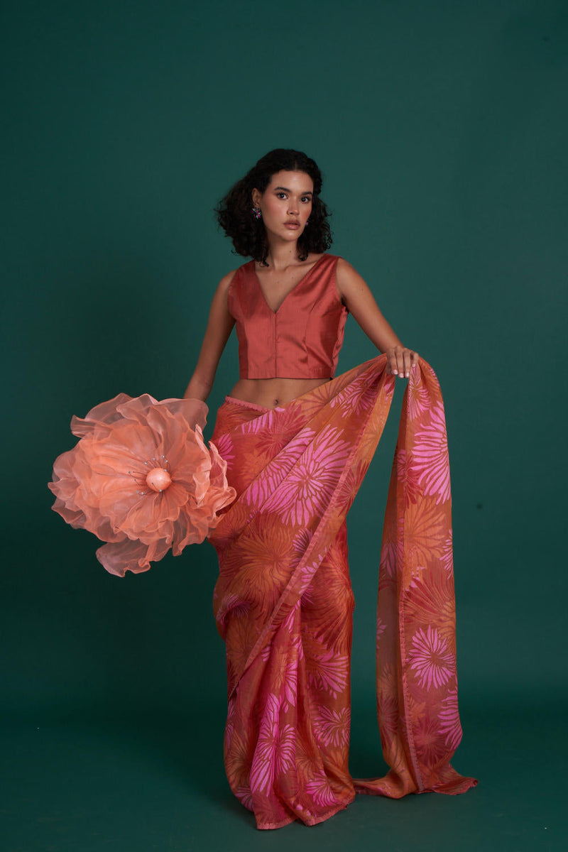 Himawari silk organza saree - Peach organza by Priti Prashant in peach color for women Worldwide