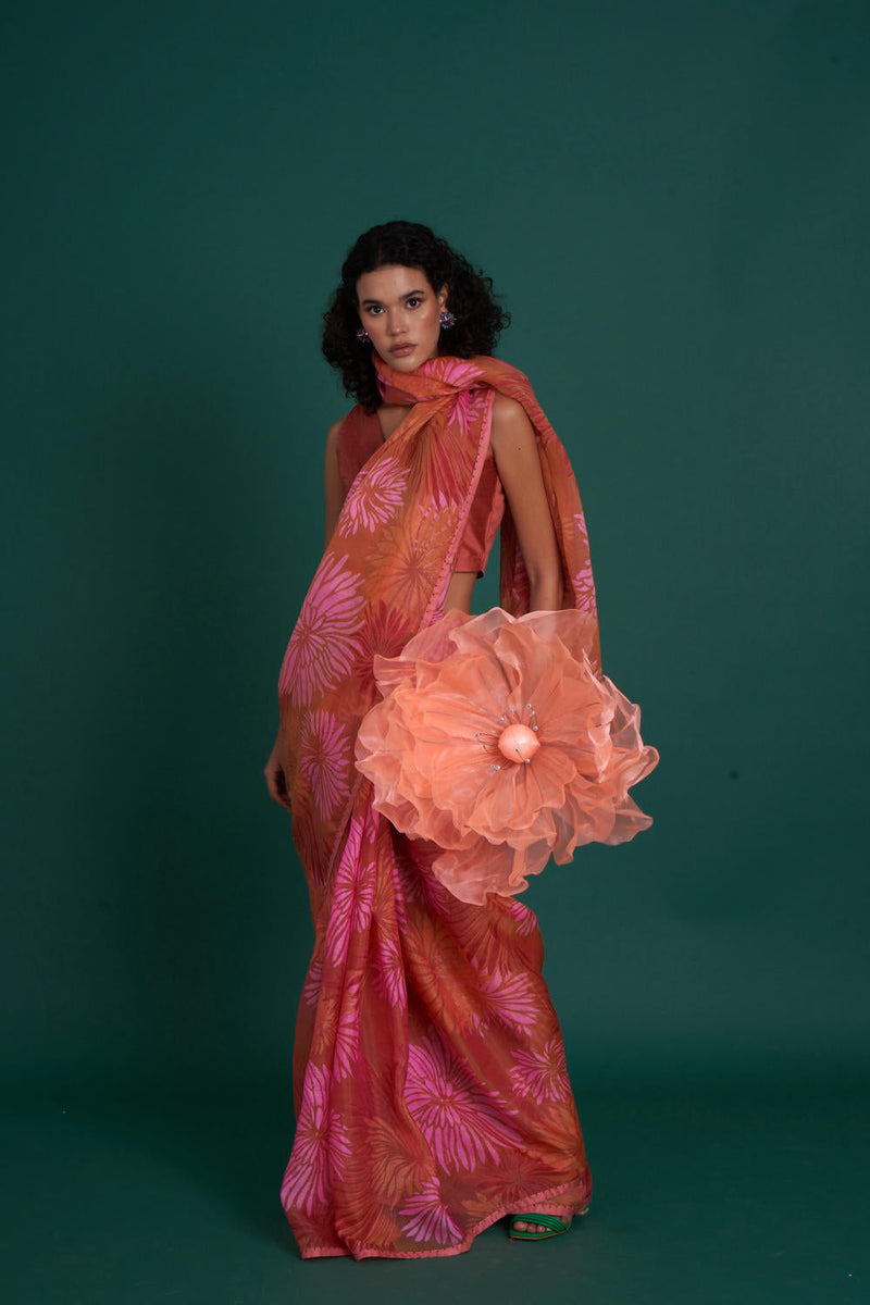 Himawari silk organza saree - Peach organza by Priti Prashant in peach color for women Worldwide