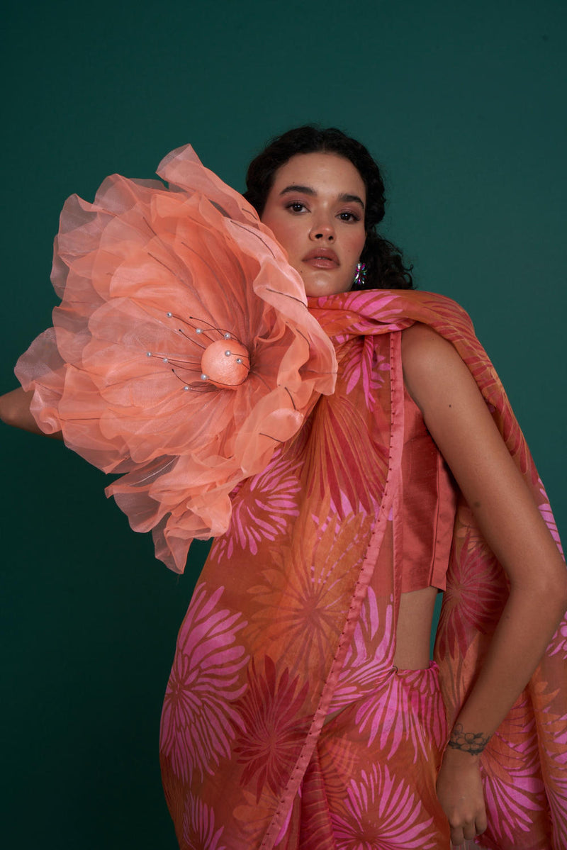 Himawari silk organza saree - Peach organza by Priti Prashant in peach color for women Worldwide