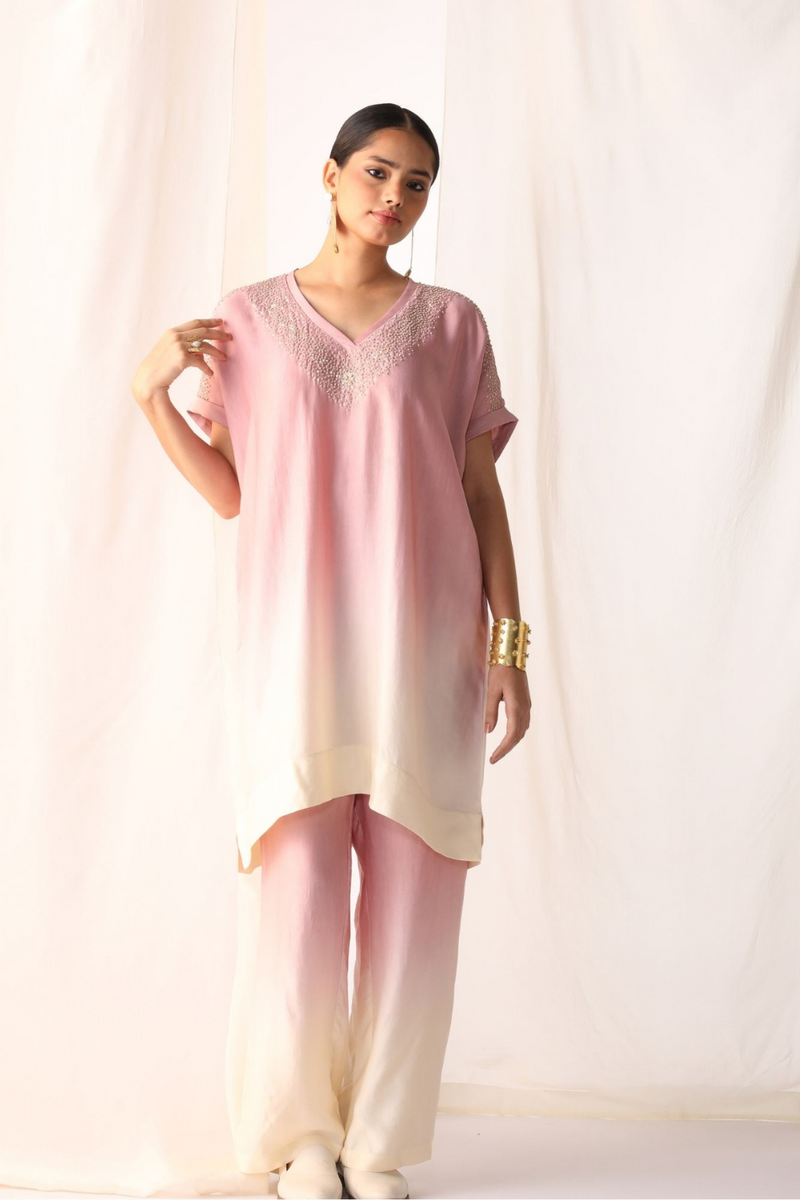 Linen satin ombre co-ord set with handwork embroidery satin by Myoho in pink color for women Worldwide