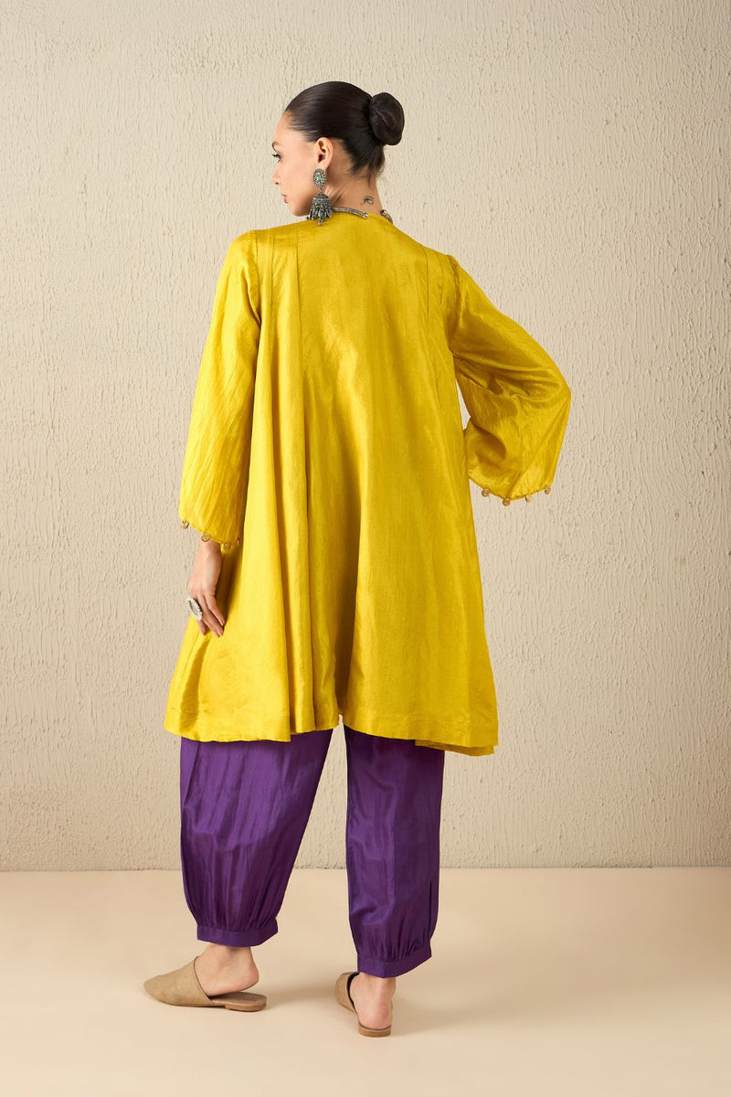 AFGHANI SILK SET - Yellow upper, Purple pants silk by Aavidi in yellow color for women Worldwide
