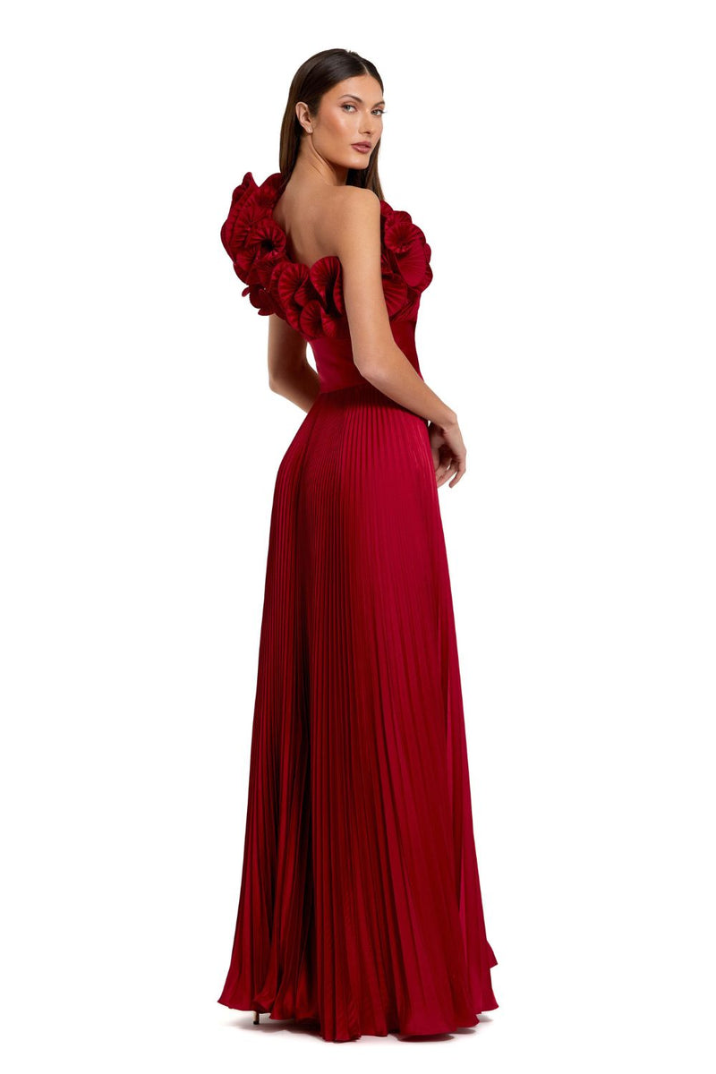 49902-Pleated Charmeuse One Shoulder Ruffle Gown by Mac Duggal in red color for women Worldwide