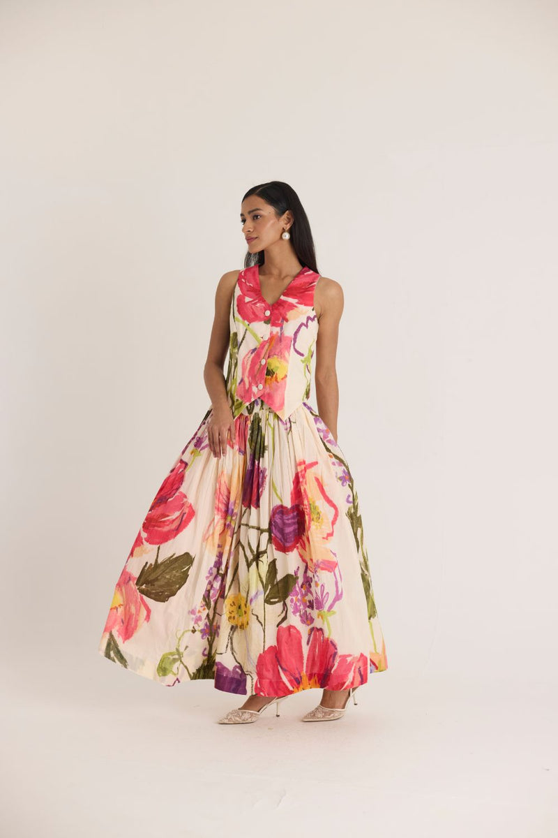 DOLLY WHITE WAISTCOAT & SKIRT SET cotton by Yam in multi color for women Worldwide