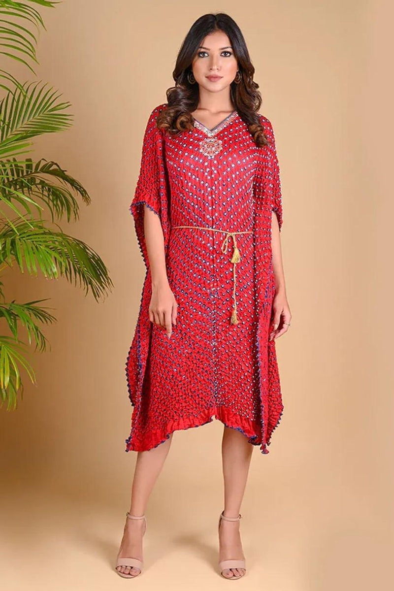 MOROCCAN KAFTAN-RED silk by Dyelogue in red color for women Worldwide