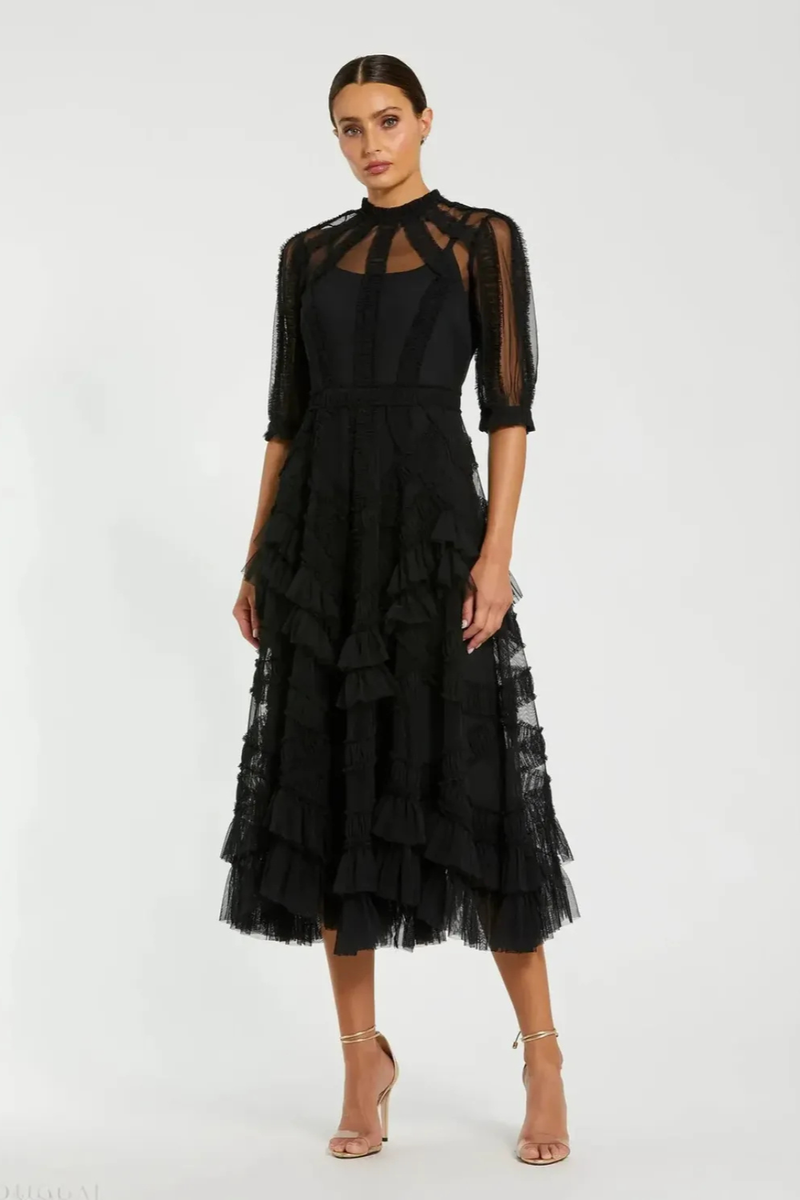 Black High Neck Ruffle Tiered A-Line Midi Dress by Mac Duggal in black color for women Worldwide