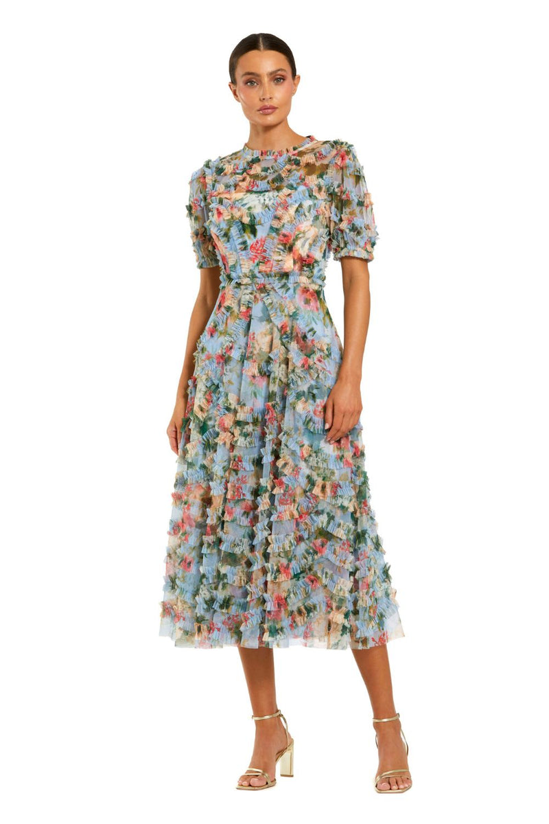 8302-Blue Floral Mesh Ruffle High Neck Midi Dress mul by Mac Duggal in multi color for women Worldwide