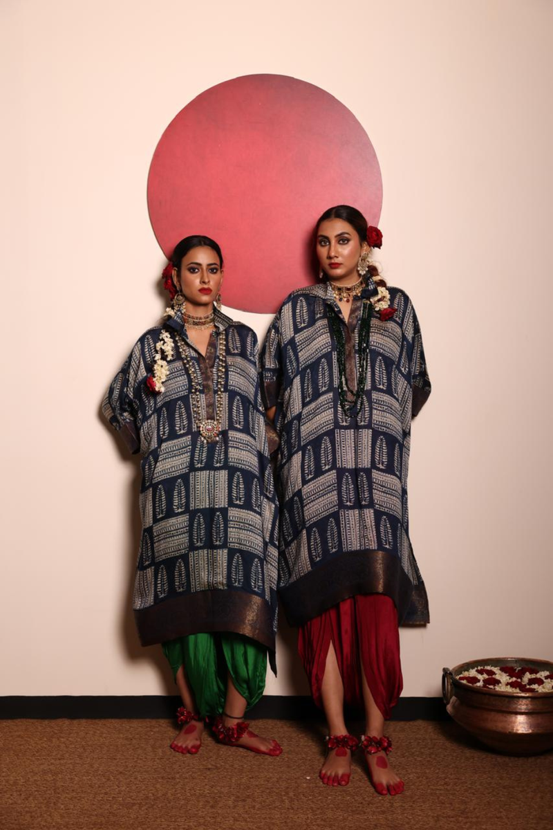 Indigo Chanderi Silk Shirt Tunic & Dhoti silk by Sabo by Sabina for women Worldwide
