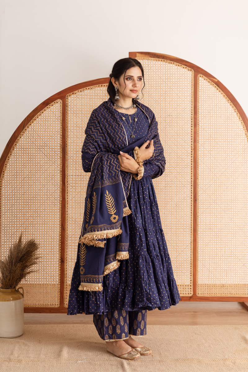 Neela Kurta Set - blue hand printed cotton kalidar suit set cotton by Maison Shefali in blue color for women Worldwide