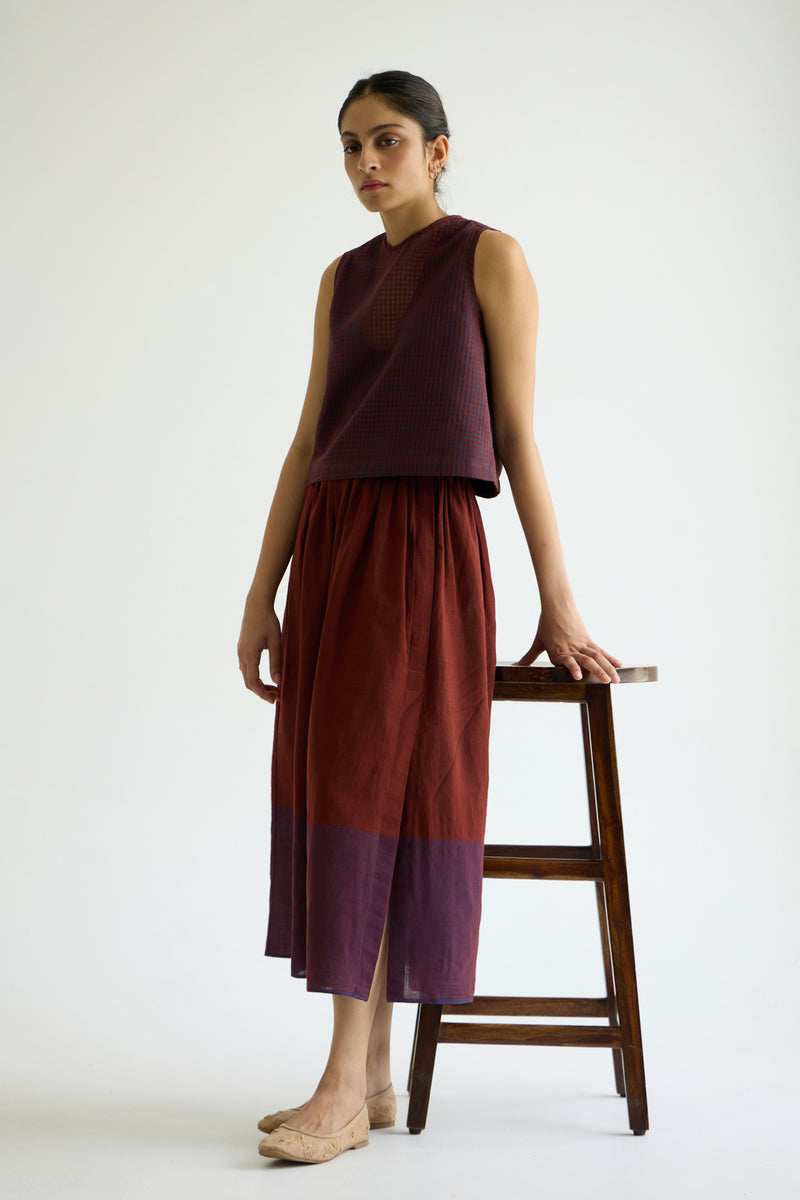 Fuwari Brown Colourblocked Handwoven Midi Skirt handwoven cotton skirt by The Summer House in brown for women Worldwide