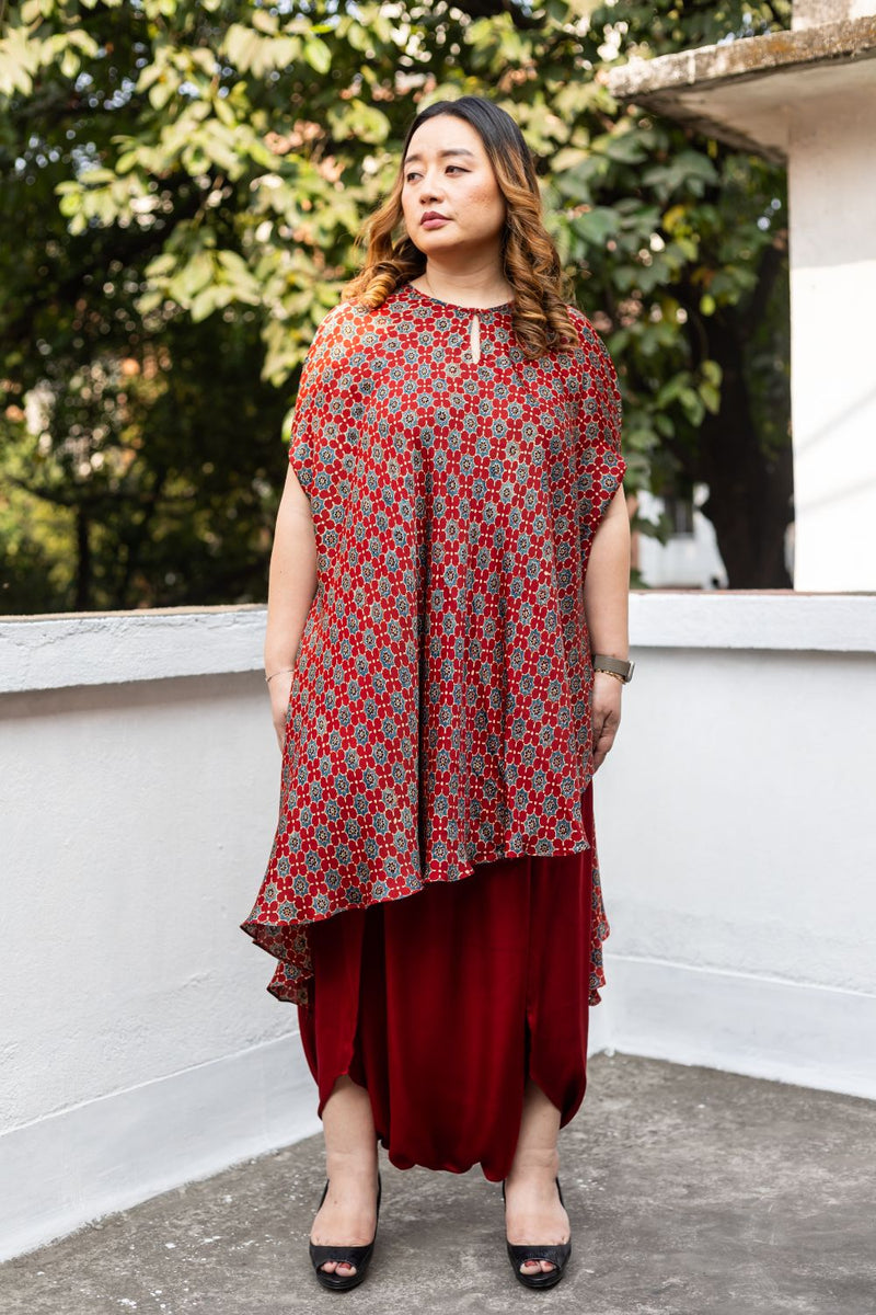 Soho Red Ajrakh Asymmetric Tunic Set satin by PRAHNAAYA in red color for women Worldwide