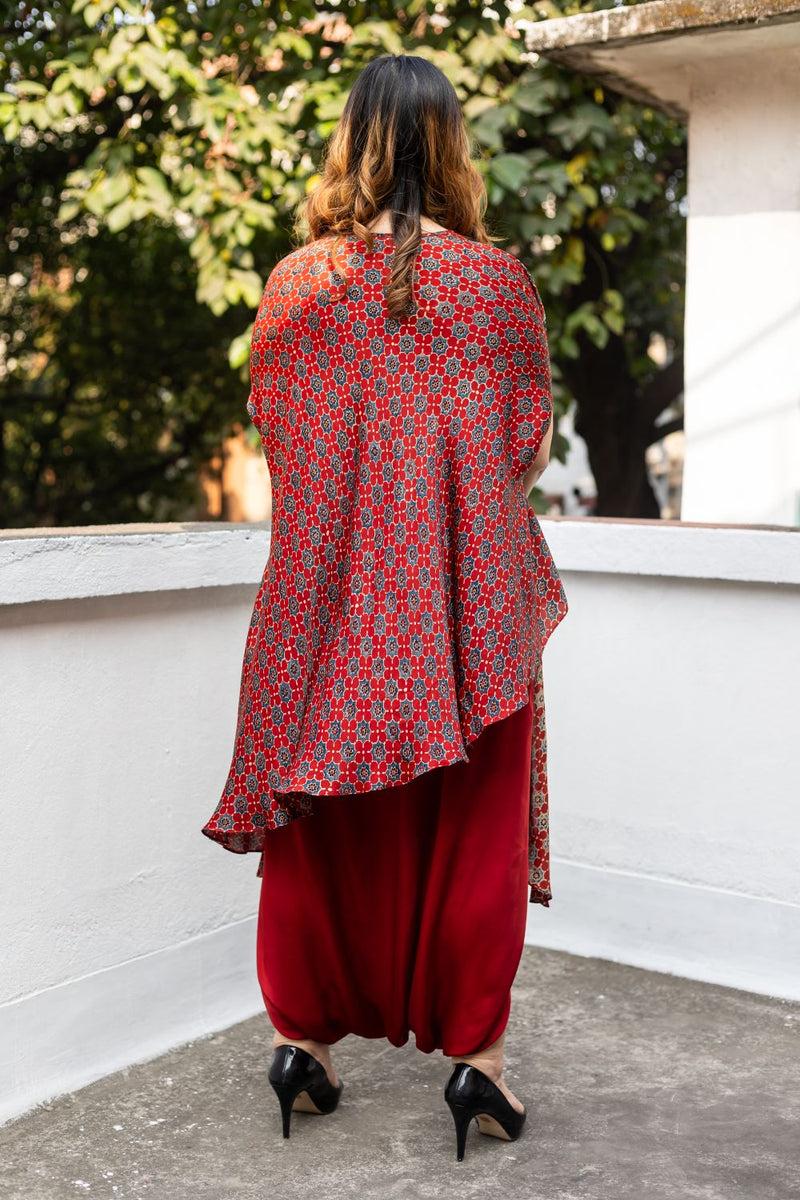 Soho Red Ajrakh Asymmetric Tunic Set satin by PRAHNAAYA in red color for women Worldwide