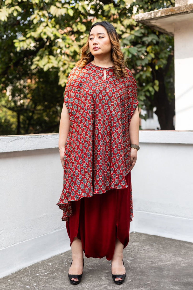Soho Red Ajrakh Asymmetric Tunic Set satin by PRAHNAAYA in red color for women Worldwide