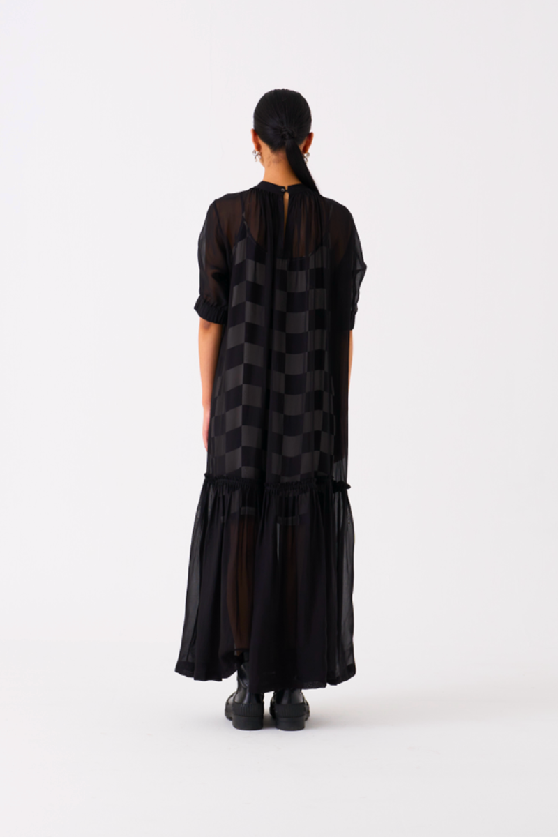 SHEER BOTTOM FRILL DRESS
-BLACK organza by THREE in black color for women Worldwide