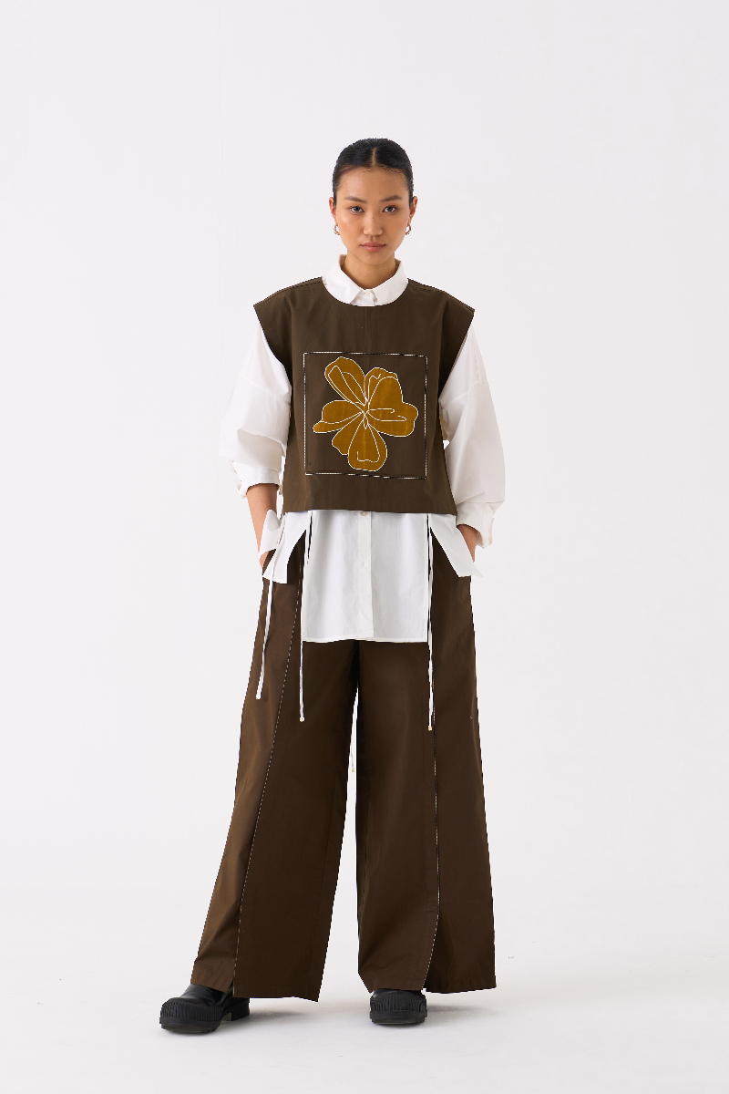 PANELLED SHIRT CO-ORD 
(SET OF 3)-DARK OLIVE poplin by THREE in olive color for women Worldwide