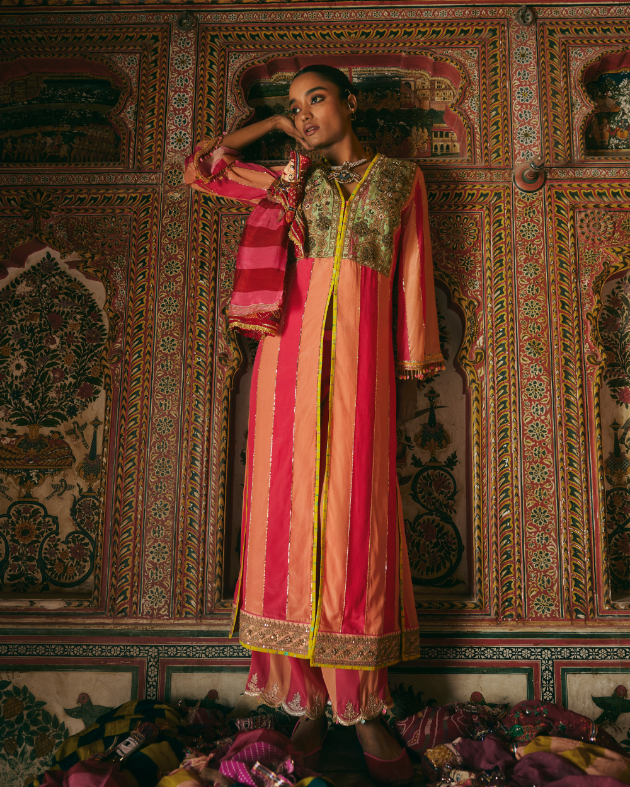 Khel Pink and Nude Yokr Embellished Jacket Kurta Set mul by Rajiramniq in multi color for women Worldwide