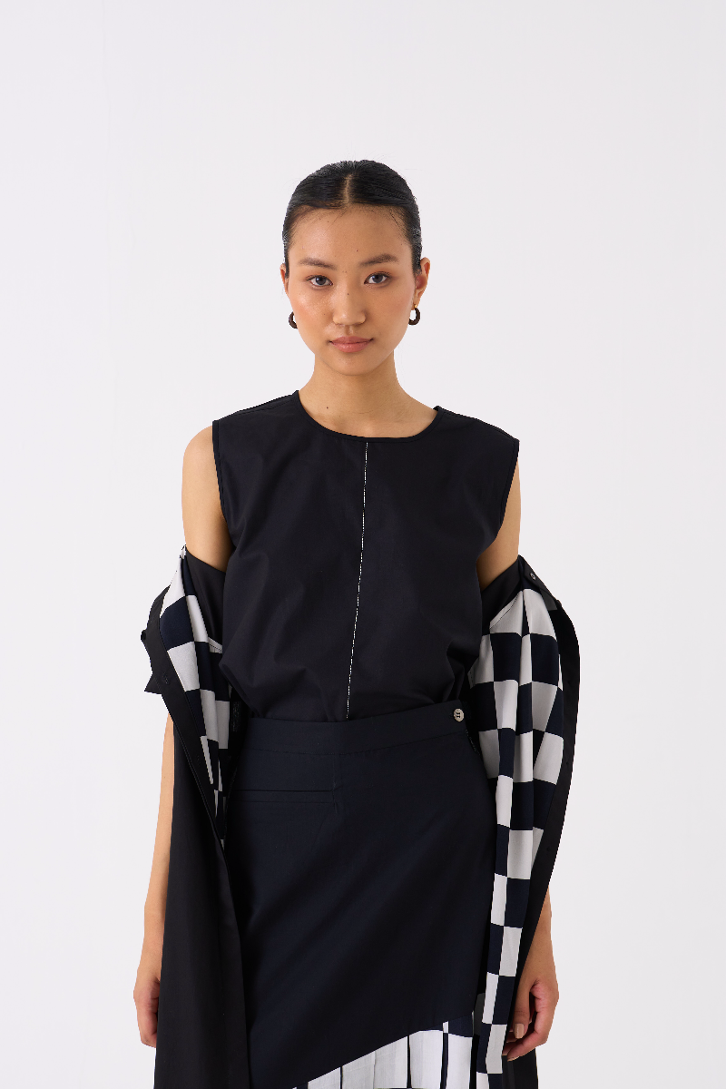 BACK YOKE JACKET CO-ORD 
(SET OF 3)-BLACK poplin by THREE in black color for women Worldwide