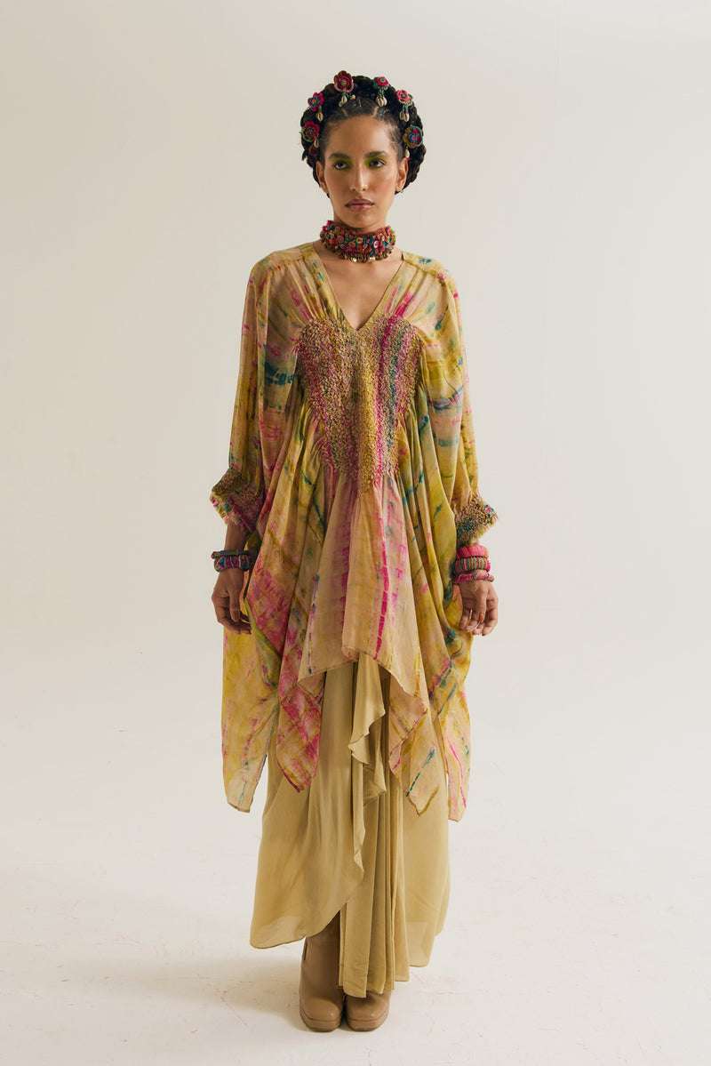 Gulmohar-Marigold Set habutai silk,cotton silk co-ord set by Capisvirleo in yellow for women Worldwide