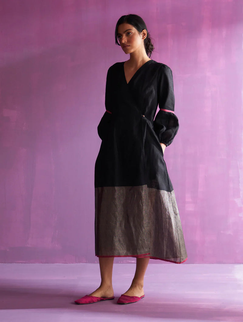 Zaina Metallic Wrap Dress - Black linen by Manan in black color for women Worldwide
