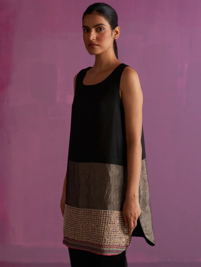 Irum Hand-Embroidered Sleeveless Kurta - Black linen by Manan in black color for women Worldwide
