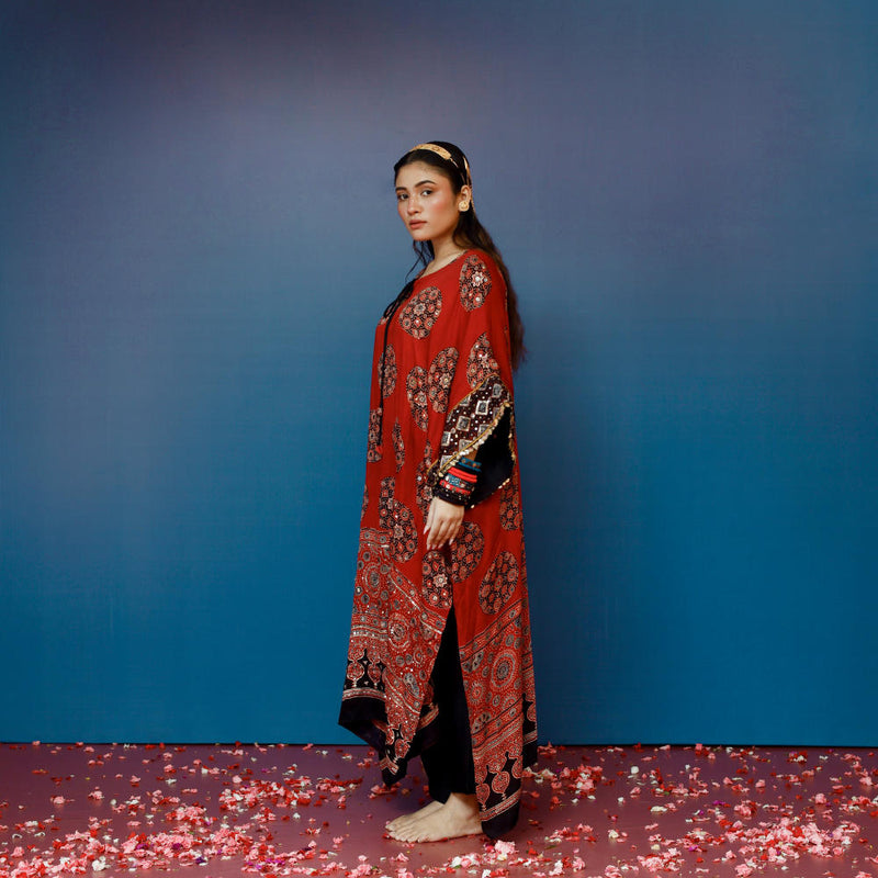 Veere Ajrakh Red Kaftan Set satin by PRAHNAAYA in red color for women Worldwide