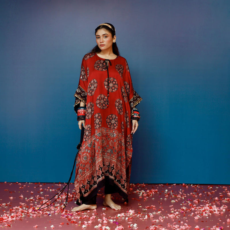 Veere Ajrakh Red Kaftan Set satin by PRAHNAAYA in red color for women Worldwide
