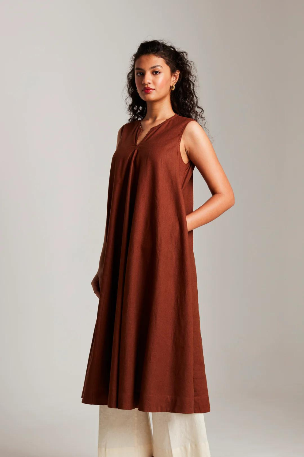 Mocha Co-Linen Sleeveless Flared Kurta Set