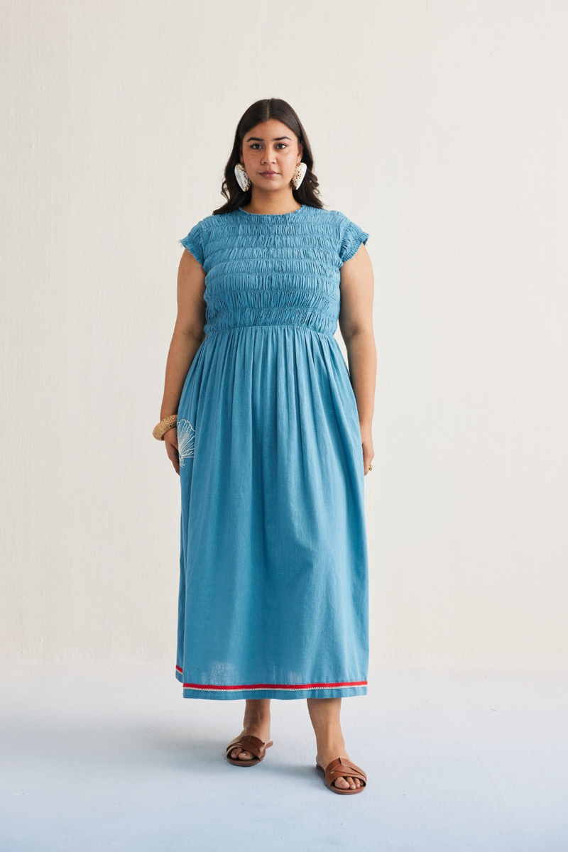 The Azure Handwoven Kala Cotton Maxi Dress cotton by SUI in blue color for women Worldwide