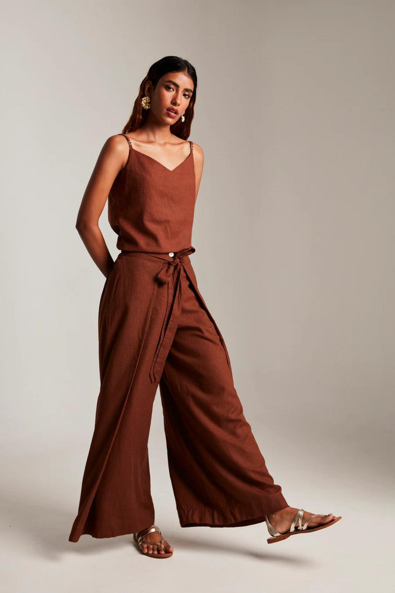 Mocha Co-Linen Wrap Pants cotton by Saphed in brown color for women Worldwide