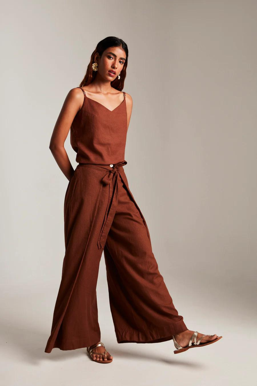 Mocha Co-Linen Wrap Pants