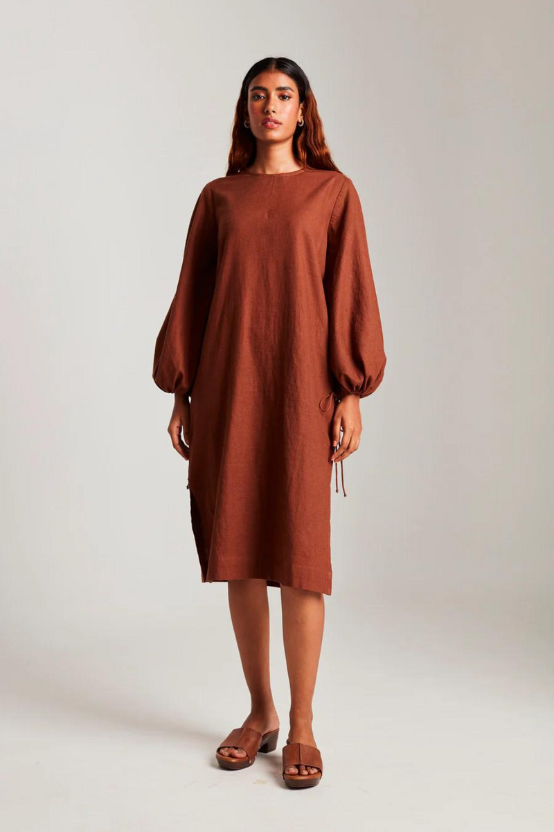 Mocha Co-Linen Balloon Sleeves Dress cotton by Saphed in brown color for women Worldwide